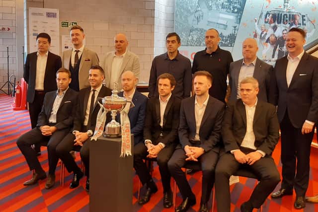 Fourteen of the world's top 16 players, including Mark Williams, back row, at Friday's media day to launch the 2023 Cazoo World Championship.
