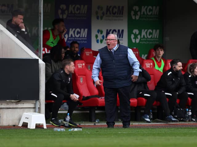 Steve Evans, manager of Rotherham United, reacts during the Sky Bet Championship match against Birmingham City at AESSEAL New York Stadium. Photo by George Wood/Getty Images.