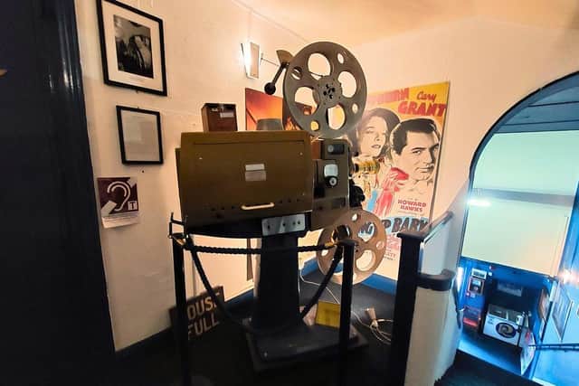 One of the original film projectors at Ritz Cinema.
