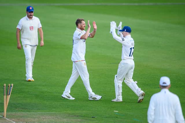 Jamie Porter celebrates dismissing Will Luxton, whose stumps he has rearranged on day one at Headingley. Picture by Allan McKenzie/SWpix.com