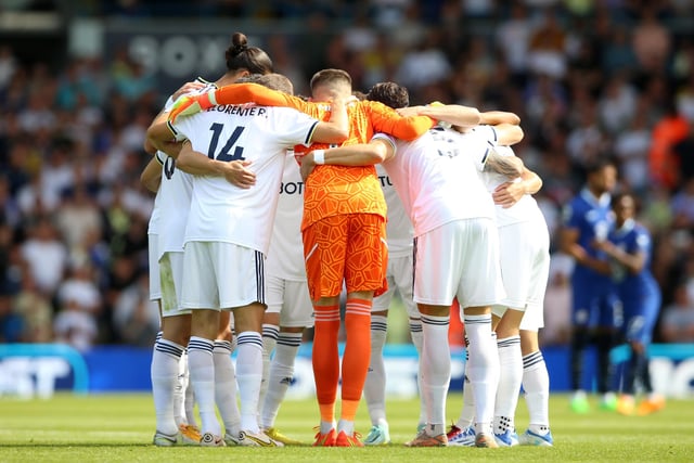 Leeds United players huddle before the Premier League match at Elland Road, Leeds.