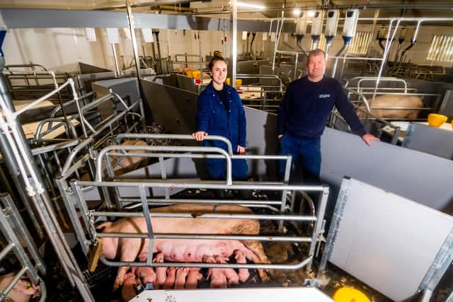 Pictured Harriet Lineham, from White Rose Farms Ltd who supply the pigs with Colin Brighton, Pig Unit Manager, in the new Freedom Farrowing Unit.