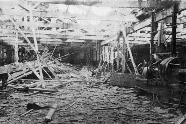 On the 27th of August 1940 Kirkstall Forge was bombed. Five people were killed and 11 were seriously injured. Image shows damage to the steel bar shop and rear axle casing shop
