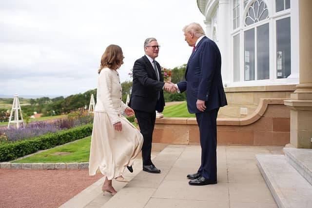 US President Donald Trump greets Prime Minister Keir Starmer and his wife Victoria at Trump Turnberry golf club (Picture: Andrew Harnik/Getty Images)