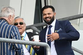 LEEDS, ENGLAND - JUNE 25: Former Yorkshire player Azeem Rafiq speaks to Yorkshire Chair, Lord Patel  during Day Three of the Third LV= Insurance Test Match at Headingley on June 25, 2022 in Leeds, England. (Photo by Alex Davidson/Getty Images)