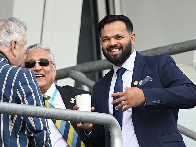 LEEDS, ENGLAND - JUNE 25: Former Yorkshire player Azeem Rafiq speaks to Yorkshire Chair, Lord Patel  during Day Three of the Third LV= Insurance Test Match at Headingley on June 25, 2022 in Leeds, England. (Photo by Alex Davidson/Getty Images)