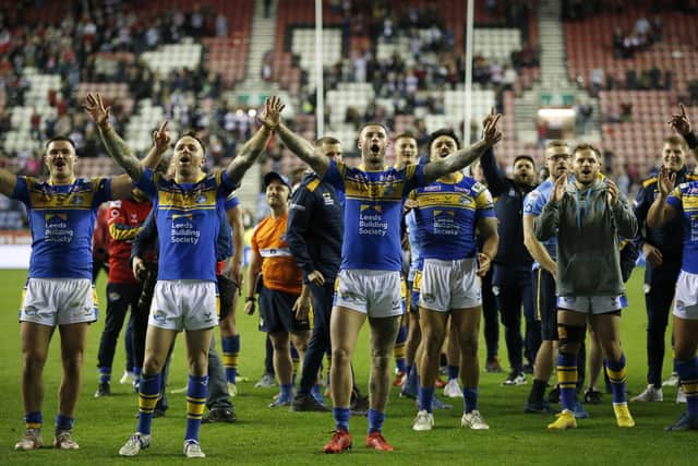 The Leeds players celebrate a famous play-off win at Wigan. (Photo: Ed Sykes/SWpix.com)