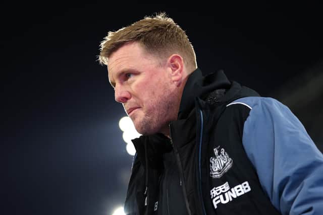 LONDON, ENGLAND - JANUARY 21: Eddie Howe, Manager of Newcastle United, looks on prior to the Premier League match between Crystal Palace and Newcastle United at Selhurst Park on January 21, 2023 in London, England. (Photo by Richard Heathcote/Getty Images)
