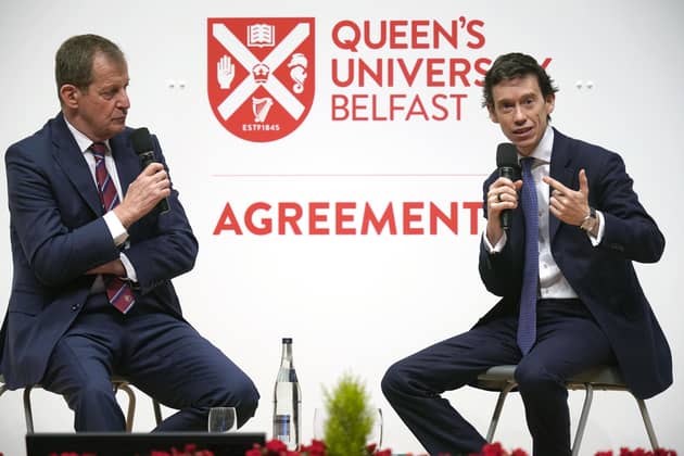 Alastair Campbell (left) and Rory Stewart will be in Leeds next May. They are pictured attending the three-day international conference at Queen's University Belfast to mark the 25th anniversary of the Belfast/Good Friday Agreement on April 18, 2023 in Belfast, Northern Ireland. (Photo by Niall Carson - Pool/Getty Images)