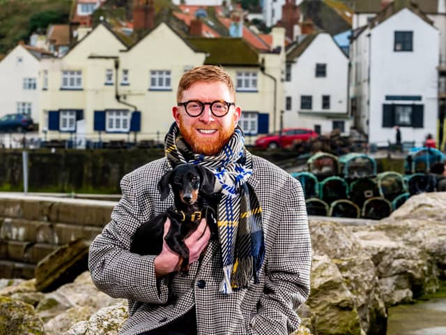 Paul Young, a master chocolatier originally born in Barnsley, moved to London to open a business and has recently sold up and moved back to Yorkshire and now living the seaside fishing village of Staithes in North Yorkshire, with his pet Dachshund dog called Billington. Picture By Yorkshire Post Photographer,  James Hardisty.