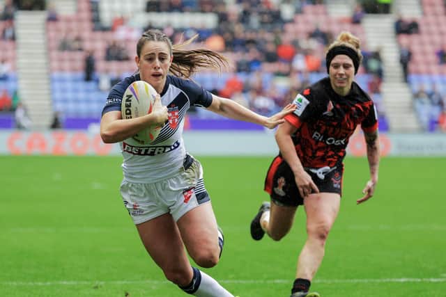 Fran Goldthorp runs in for a try against PNG. (Picture: Alex Whitehead/SWpix.com)