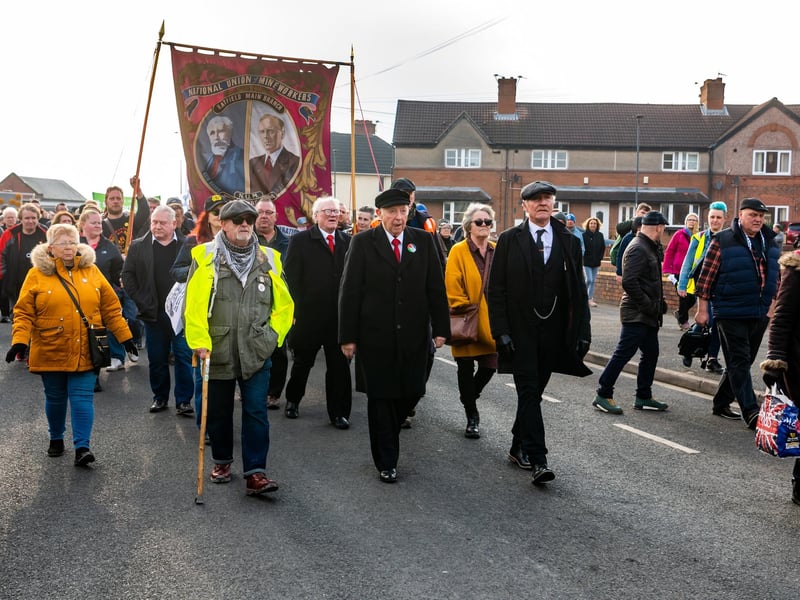 Former miners' leader Arthur Scargill, 86, who walked infront of the Hatfield  Colliery Banner along Emerson Avenue before delivering a speech at the Hatfield Pit Club.Picture By Yorkshire Post Photographer,  James Hardisty. Date: 9th March 2024.