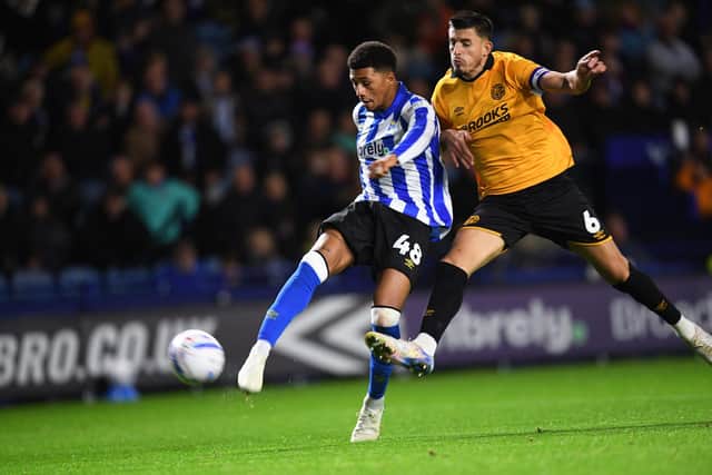 Sheffield Wednesday striker Mason Burstow fires the hosts in front against Cambridge United. Picture: Steve Ellis.