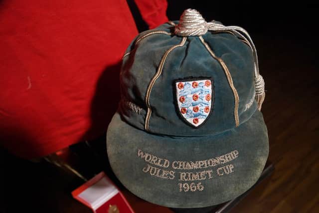 The cap of World Cup winning England player Alan Ball who played in the 1966 World Cup against West Germany, goes up for auction at Tennants Auctioneers, Leyburn. Picture by Simon Hulme 16th November 2022










