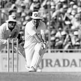 Mike Gatting plays the reverse-sweep that brings about his downfall during the 1987 World Cup final. Picture by Patrick Eagar/Popperfoto via Getty Images.
