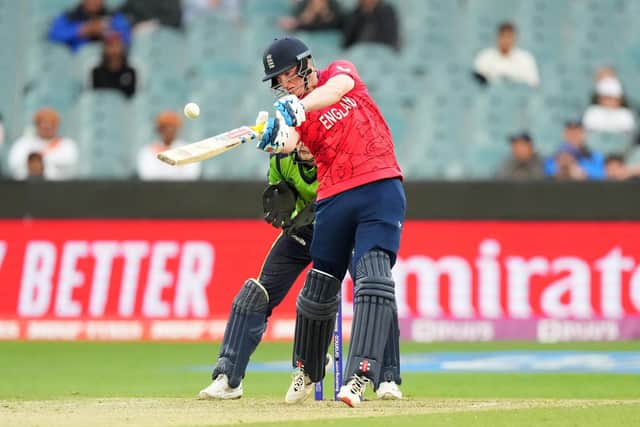 NOT ENOUGH: Yorkshire's Harry Brook hits out for England during the T20 World Cup Super 12 match in Melbourne against Ireland, who won by fine runs. Picture: Scott Barbour/PA