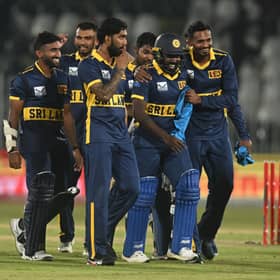 Sri Lanka celebrate one of the most remarkable victories in the history of one-day international cricket. Photo by Sameer Ali/Getty Images