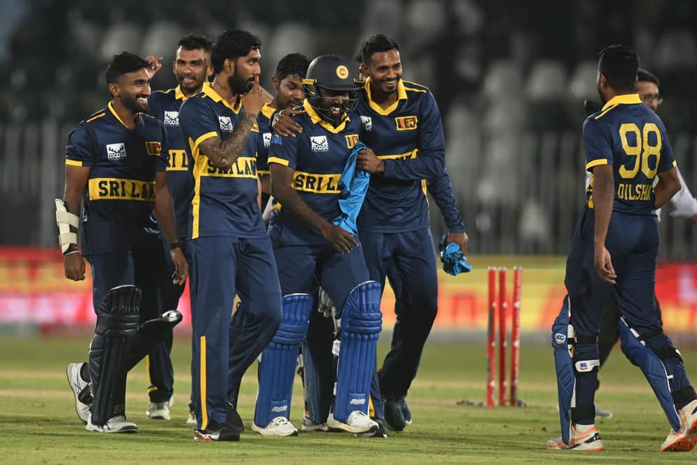 Sri Lanka celebrate one of the most remarkable victories in the history of one-day international cricket. Photo by Sameer Ali/Getty Images