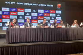 AMBITIONS: Hull City chairman Acun Ilicali (centre) addresses a press conference alongside (left to right) Turkish international Ozan Tufan, vice-chairman Tan Kesler, coach Liam Rosenior and captain Lewie Coyle