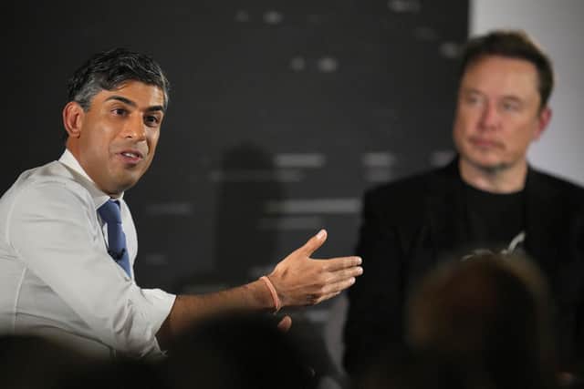Prime Minister Rishi Sunak (left) and Elon Musk, CEO of Tesla and SpaceX in-conversation at the conclusion of the second day of the AI Safety Summit. PIC: Kirsty Wigglesworth/PA Wire