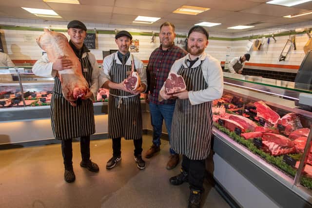James' son Harley Robertshaw, Andrew Aspinall, and Tom Barnes are the farm shop's butchers
