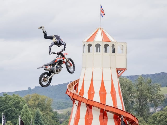 Chatsworth Country Fair 2025 - Bolddog FMX Freestyle Motorcross Stunt Team in the grand arena. By Marisa Cashill 30th August, 2025