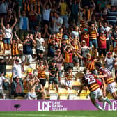 Bradford City striker Bobby Pointon, wearing the number 23 shirt, celebrates with Alex Gilliead after his equaliser for the Bantams against Grimsby Town in September. Picture: Bruce Rollinson.