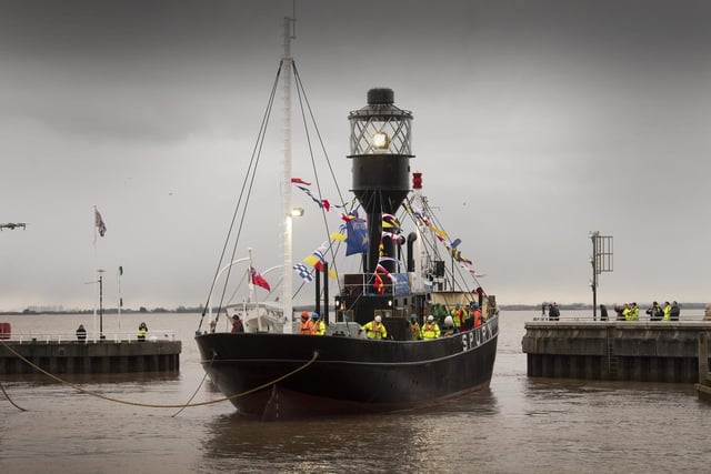Following its major restoration,  the Spurn Lightship is moved from Dunston Ship Repairs to Hull Marina. The ship is pictured arriving at Hull Marina.