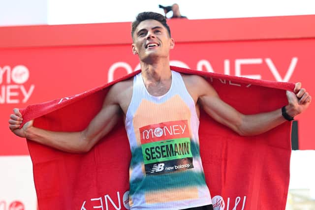 Britain's Phil Sesemann poses for a photograph after he comes seventh in the elite men's race of the 2021 London Marathon in central London on October 3, 2021(Picture: GLYN KIRK/AFP via Getty Images)