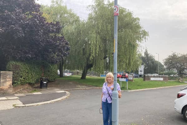 Coun Joan McTigue with the dog fouling sign on Kirkham Row, Beechwood, Middlesbrough. Picture: Gareth Lightfoot.