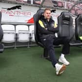 NORTHAMPTON, ENGLAND - APRIL 22: Harrogate Town manager Simon Weaver relaxes prior to the Sky Bet League Two between Northampton Town and Harrogate Town at Sixfields on April 22, 2023 in Northampton, England. (Photo by Pete Norton/Getty Images)
