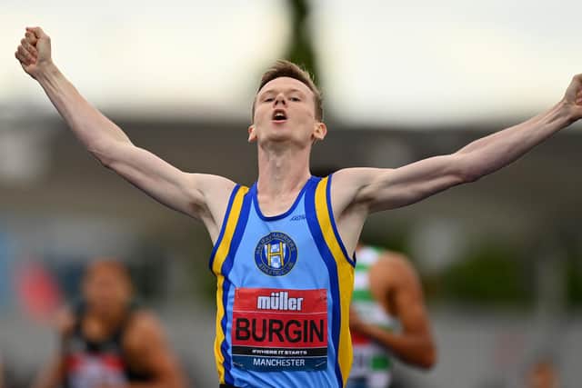 Max Burgin of Halifax Harriers & AC celebrates winning the mens 800m Final during the Muller UK Athletics Championships at Manchester Regional Arena on June 26, 2022 (Picture: Dan Mullan/Getty Images)