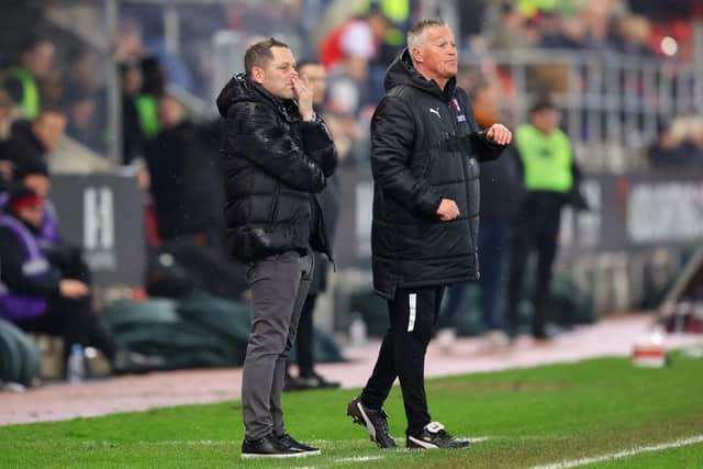 Rotherham United manager Leam Richardson and assistant Rob Kelly, pictured during the recent Sky Bet Championship match against Hull City. Photo by Matt McNulty/Getty Images.