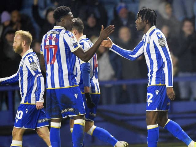 Sheffield Wednesday celebrate with Ike Ugbo after he scores the Owls' opener against Birmingham (Picture: Steve Ellis)