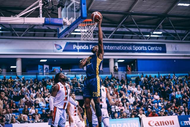 Marcus Delpeche scores from under the basket for Sheffield Sharks against Leicester Riders (Picture: Adam Bates).