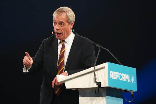 Leader Nigel Farage speaking during a rally for Reform UK party at the NEC Birmingham. PIC: Jacob King/PA Wire