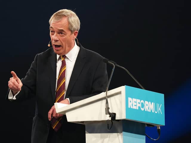 Leader Nigel Farage speaking during a rally for Reform UK party at the NEC Birmingham. PIC: Jacob King/PA Wire
