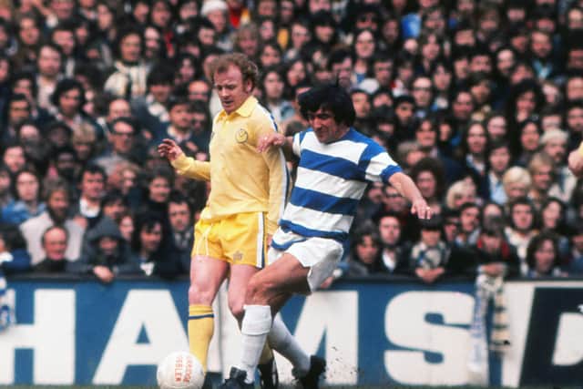 Terry Venables (QPR) and Billy Bremner (Leeds United) in the Admiral away kit on April 27, 1974. Credit: Colorsport.