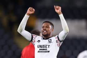 HULL, ENGLAND - NOVEMBER 01: Chuba Akpom of Middlesbrough celebrates after victory in the Sky Bet Championship match between Hull City and Middlesbrough at MKM Stadium on November 01, 2022 in Hull, England. (Photo by George Wood/Getty Images)