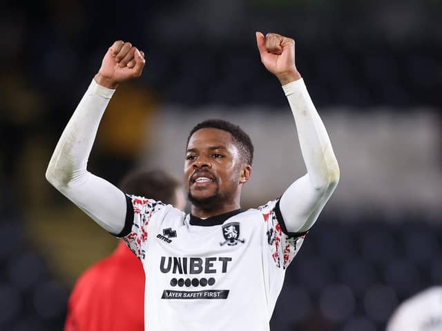HULL, ENGLAND - NOVEMBER 01: Chuba Akpom of Middlesbrough celebrates after victory in the Sky Bet Championship match between Hull City and Middlesbrough at MKM Stadium on November 01, 2022 in Hull, England. (Photo by George Wood/Getty Images)