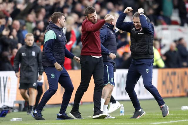 GET IN: Middlesbrough manager Michael Carrick (centre) celebrates Morgan Rogers' winning against Birmingham City at the Riverside Stadium, Middlesbrough. Picture: Will Matthews/PA