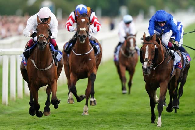 EDGING AHEAD: Absurde ridden by Frankie Dettori (left) wins the Sky Bet Ebor Handicap on day four of the Ebor Festival at York Racecourse. Picture: Mike Egerton/PA