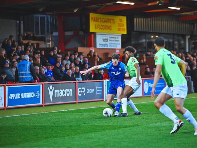Town on tour: Action from the Crown Ground in Accrington on Tuesday night where FC Halifax Town were forced to play a National League 'home' game against Ebbsfleet United. (Picture: Chris Nutton/FC Halifax Town)