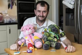 Nick and his team create special teddy bears that normalise medical conditions for children, from rare brain conditions to hearing difficulties, pictured at his home in Leeds.