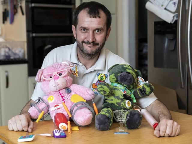 Nick and his team create special teddy bears that normalise medical conditions for children, from rare brain conditions to hearing difficulties, pictured at his home in Leeds.