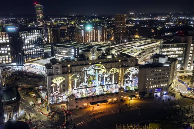 Light and sound installation Sylvan Quiet by artist Novak, is projected on to the Queens Hotel in Leeds as part of Light Night Leeds, the UK's largest annual arts and light festival. Photo credit: Danny Lawson/PA Wire