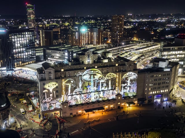 Light and sound installation Sylvan Quiet by artist Novak, is projected on to the Queens Hotel in Leeds as part of Light Night Leeds, the UK's largest annual arts and light festival. Photo credit: Danny Lawson/PA Wire