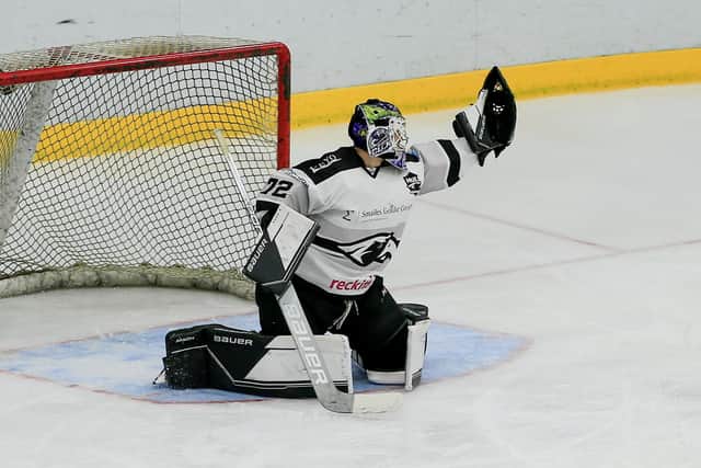 NO WAY THROUGH: Hull Seahawks goaltender, Jordan McLaughlin gained his first shutout of the season last Sunday against Bees. Picture courtesy of Steve Pollitt/Hull Seahawks.