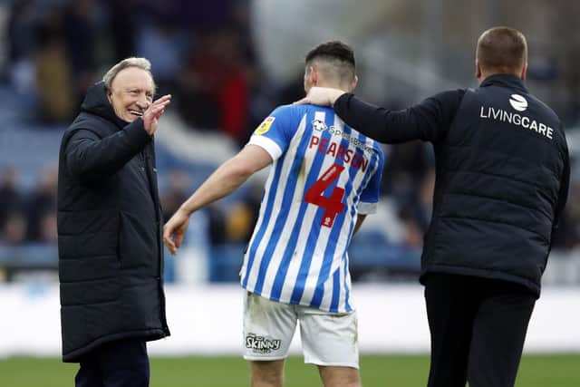 Huddersfield Town manager Neil Warnock and Matty Pearson after the Sky Bet Championship match at John Smith's Stadium, Huddersfield. Picture date: Saturday April 1, 2023. PA Photo. See PA story SOCCER Huddersfield. Photo credit should read: Will Matthews/PA Wire.

RESTRICTIONS: EDITORIAL USE ONLY No use with unauthorised audio, video, data, fixture lists, club/league logos or "live" services. Online in-match use limited to 120 images, no video emulation. No use in betting, games or single club/league/player publications.