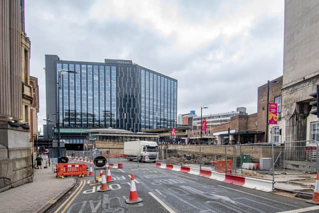 View of outside Leeds City Station and the Platform Building looking along Bishopgate photographed by Tony Johnson 